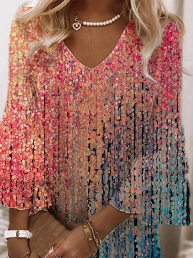 A Line Dress Short Mini Dress Rainbow 3/4 Length Sleeve Print Color Block Ruched Print Spring Summer V Neck Elegant Modern  3XL for Women