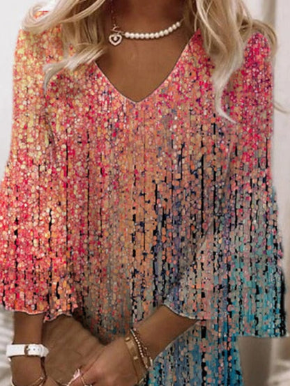 A Line Dress Short Mini Dress Rainbow 3/4 Length Sleeve Print Color Block Ruched Print Spring Summer V Neck Elegant Modern  3XL for Women