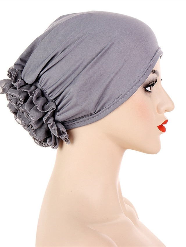 Woman Big Flower India Hat Beanie Turban Hair Accessories Elastic Cloth Hair Bands Hat Chemo Beanie Ladies Muslim Solid Hair Loss Cap for Women