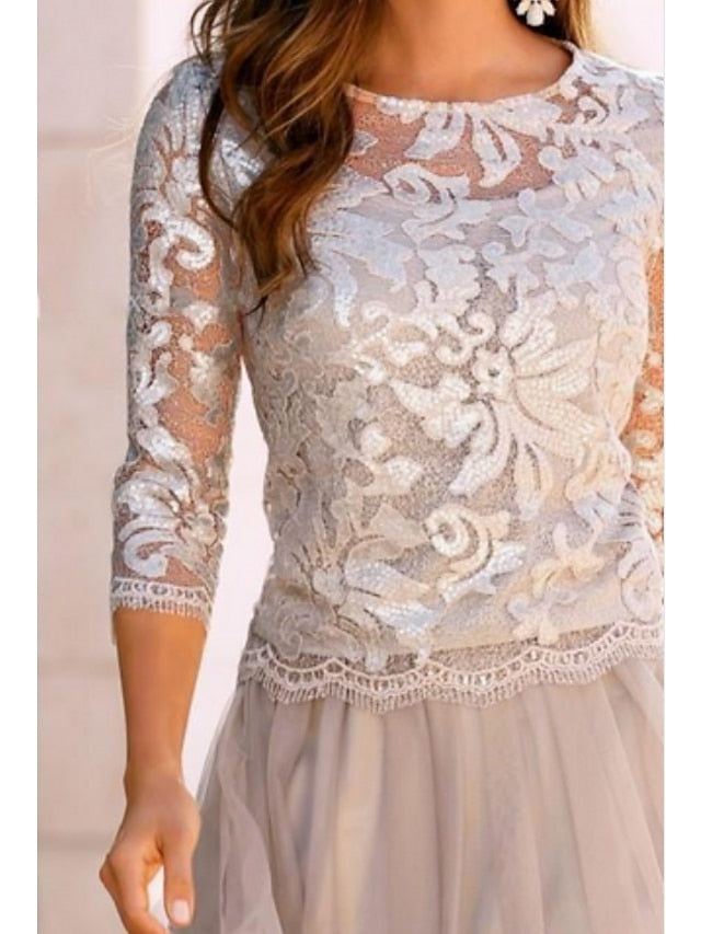 A-Line Mother of the Bride Dress Wedding Guest Elegant See Through Jewel Neck Knee Length Chiffon Lace Tulle 3/4 Length Sleeve with Pleats Appliques 2023