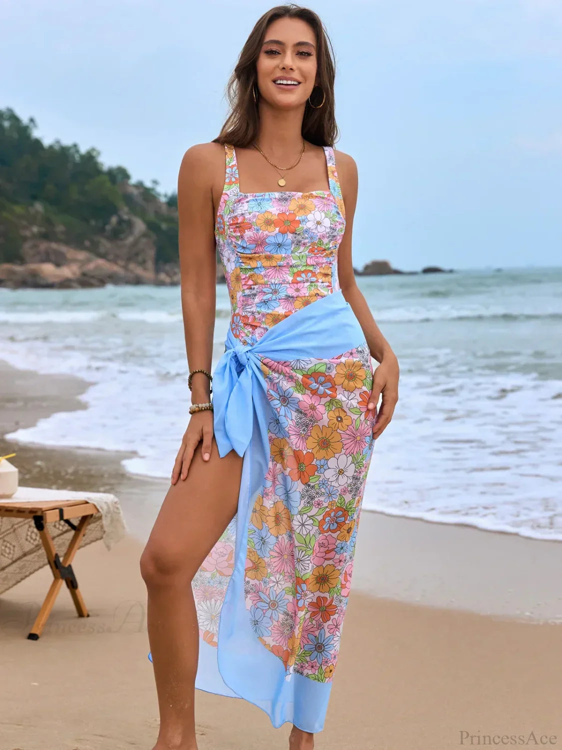 Floral Backless Vacation One Piece Set
