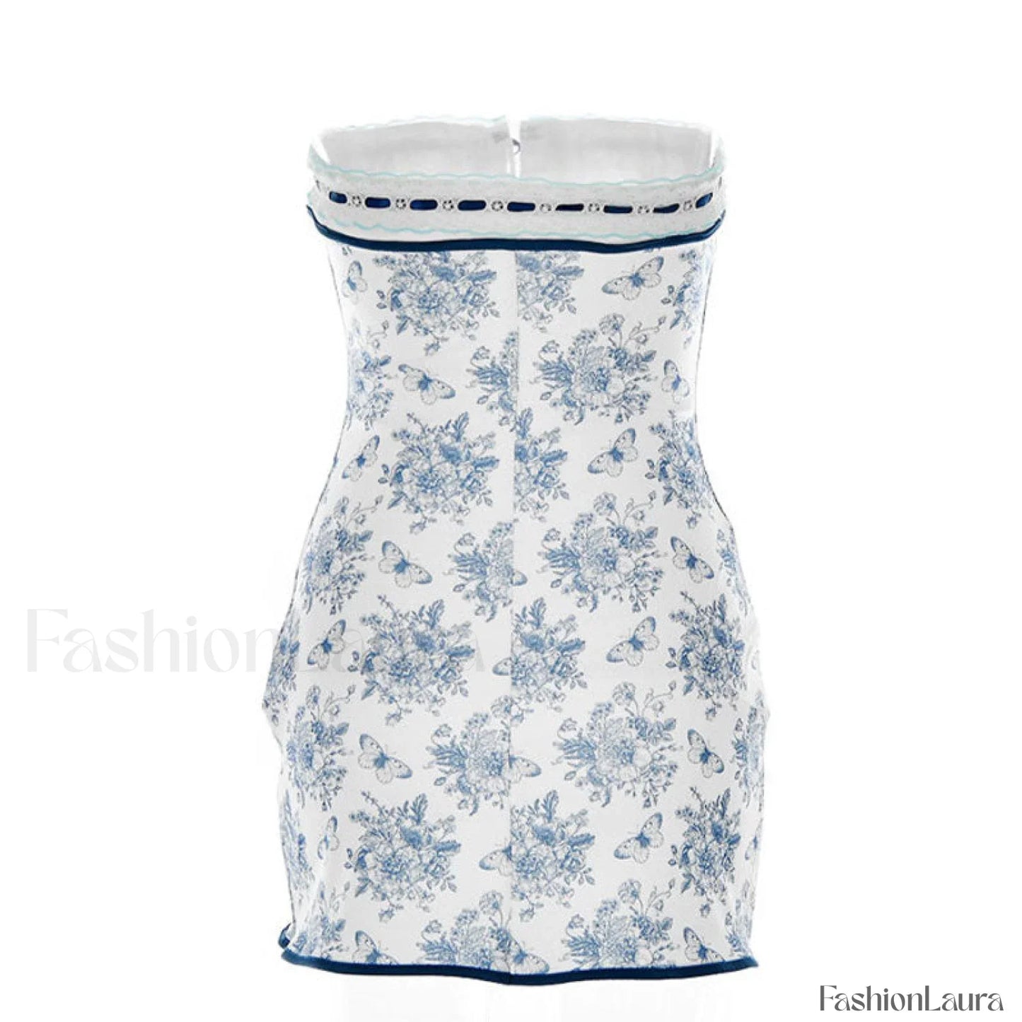Floral Lace Trim Tie Front Strapless Mini Dress - Blue