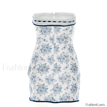 Floral Lace Trim Tie Front Strapless Mini Dress - Blue