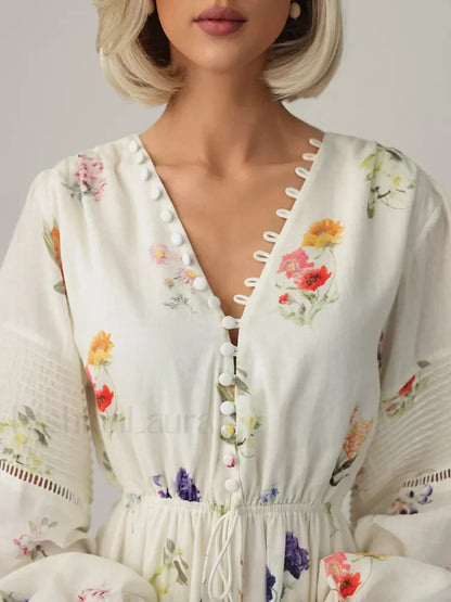 Floral Lantern-Sleeve Boho Dress