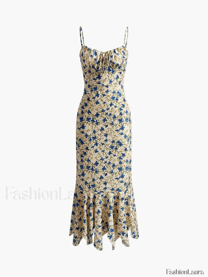 Floral Print Knotted Irregular Hem Long Dress