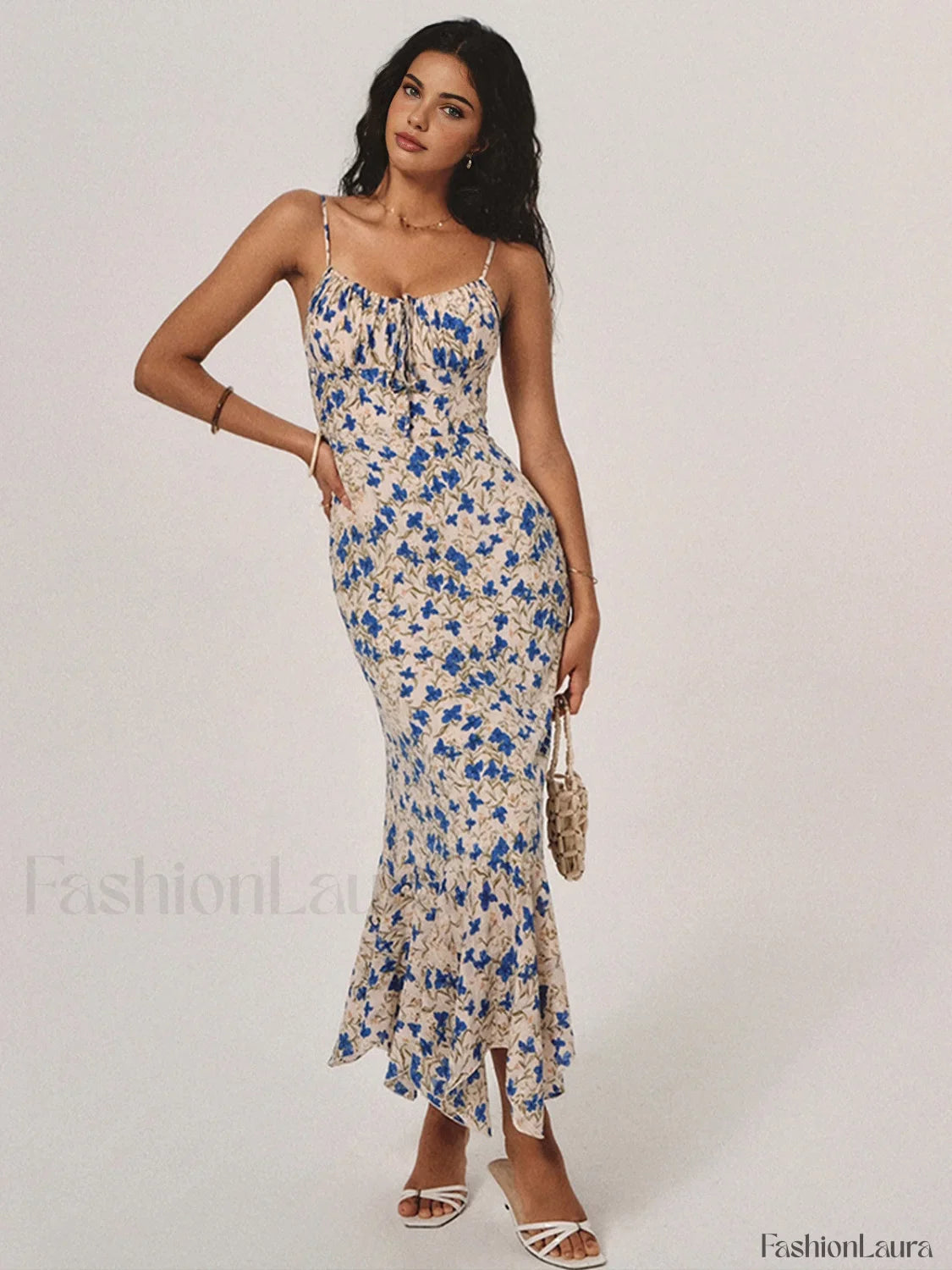 Floral Print Knotted Irregular Hem Long Dress