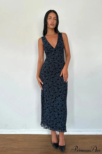 Floral Print V-Neck Sleeveless Fitted Party Dress