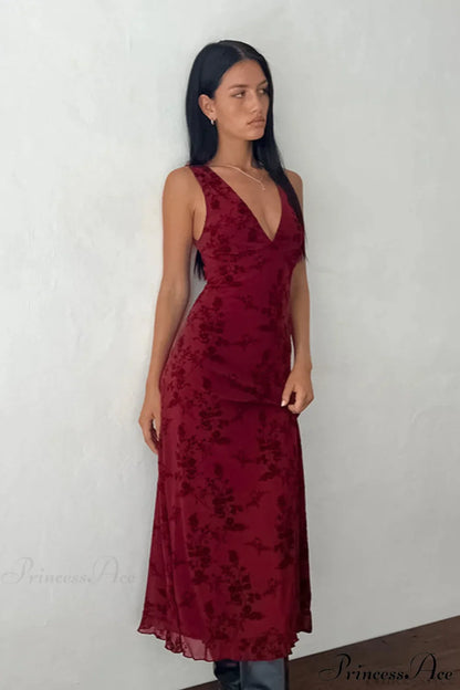 Floral Print V-Neck Sleeveless Fitted Party Dress