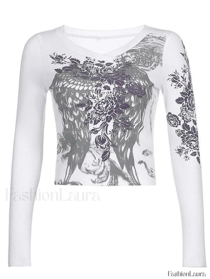 Floral Rhinestone Long Sleeve Crop Top