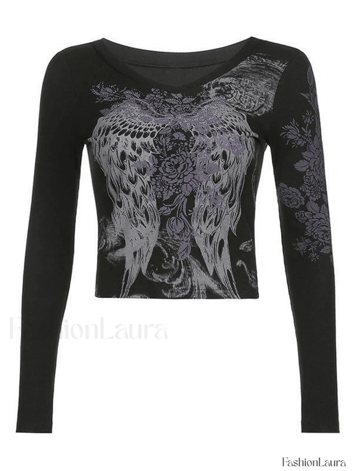 Floral Rhinestone Long Sleeve Crop Top