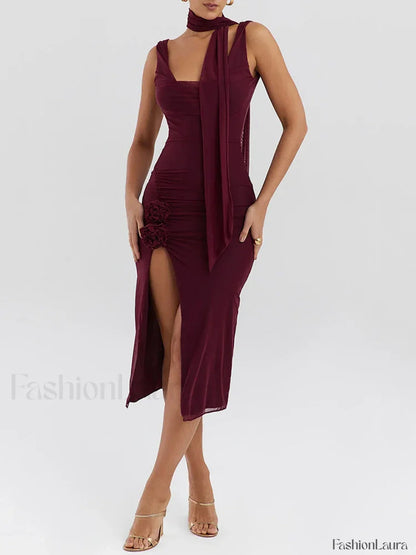 Flower High-Split Midi Dress