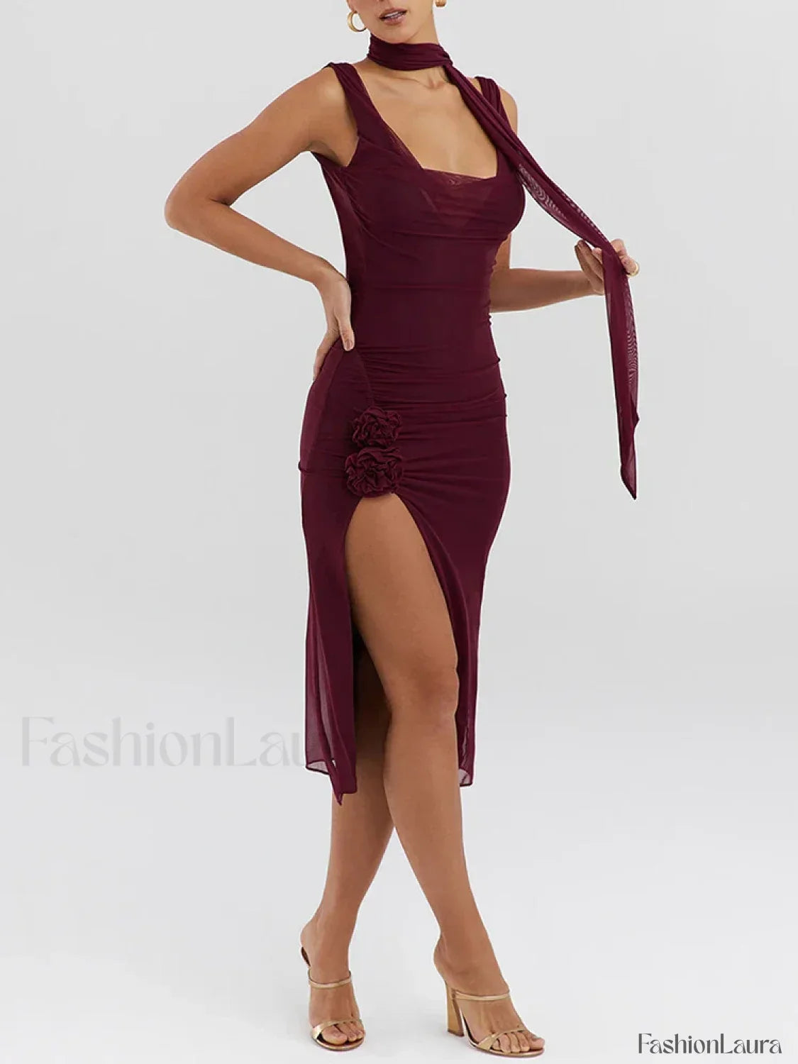 Flower High-Split Midi Dress