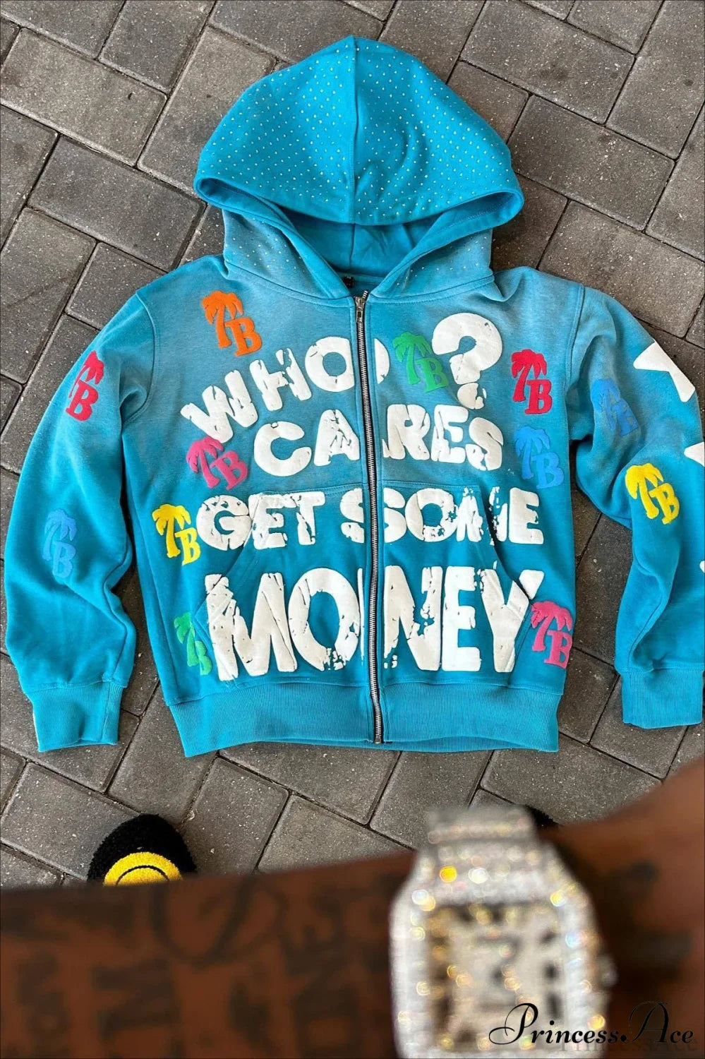 Foam Letter Print Hip-Hop Zip Hoodie