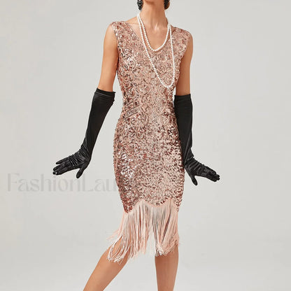 For Women 2024 1920s O-neck Sleeveless Tassel Shinny Glitter Sequin Club Party Vestidos Prom Dress
