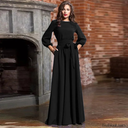 For Women 2024 Long Sleeve Crew Neck Solid Color Lantern Sleeve With Belt Formal Elegant Prom Dress