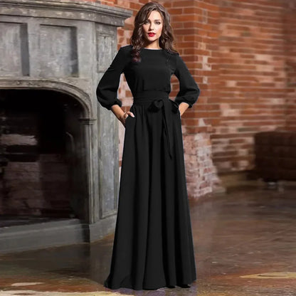 For Women 2024 Long Sleeve Crew Neck Solid Color Lantern Sleeve With Belt Formal Elegant Prom Dress