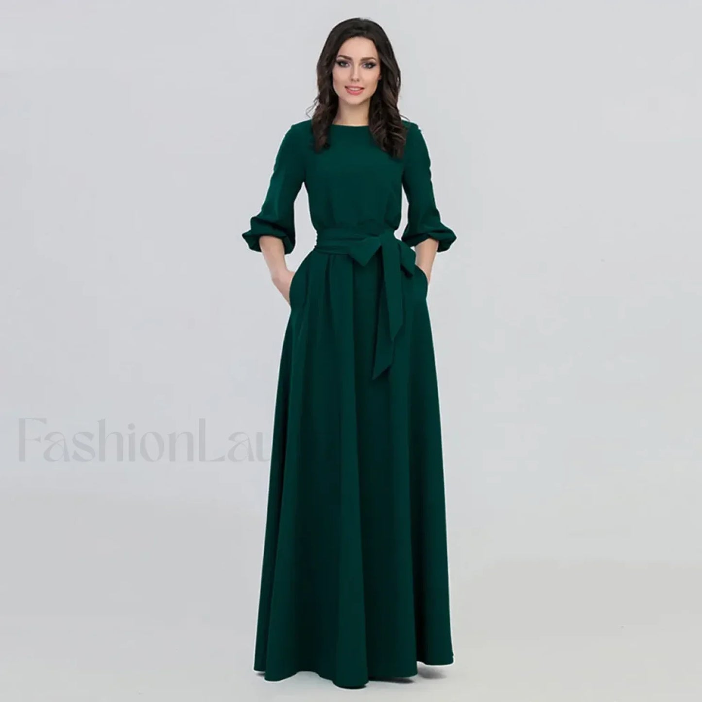 For Women 2024 Long Sleeve Crew Neck Solid Color Lantern Sleeve With Belt Formal Elegant Prom Dress