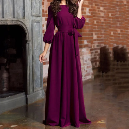 For Women 2024 Long Sleeve Crew Neck Solid Color Lantern Sleeve With Belt Formal Elegant Prom Dress