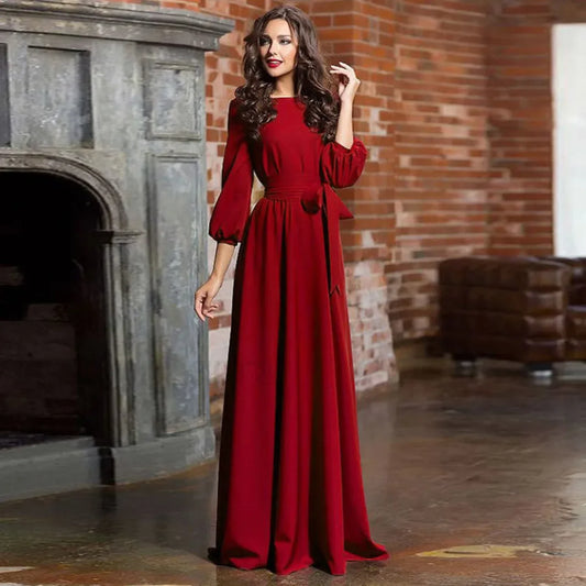For Women 2024 Long Sleeve Crew Neck Solid Color Lantern Sleeve With Belt Formal Elegant Prom Dress