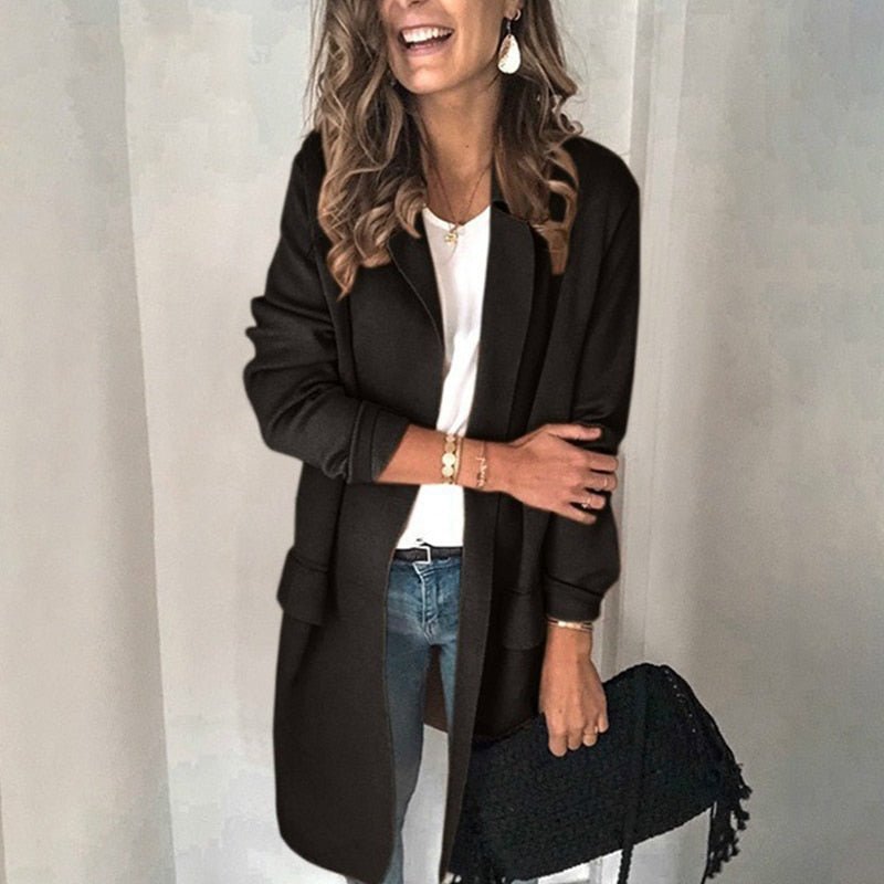 Blazer largo abierto para mujer con bolsillo y solapa | Ideal para otoño/invierno