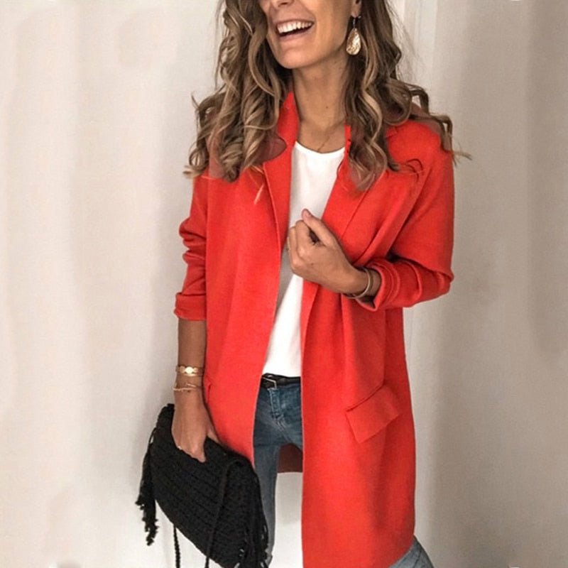 Blazer largo abierto para mujer con bolsillo y solapa | Ideal para otoño/invierno