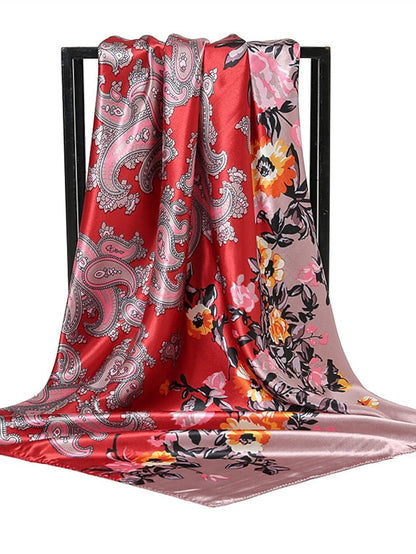 1pcs 90*90cm New Flower Square Silk Scarf Women Print Hijab Headband Wraps Muslim Headscarf Bandana for Women