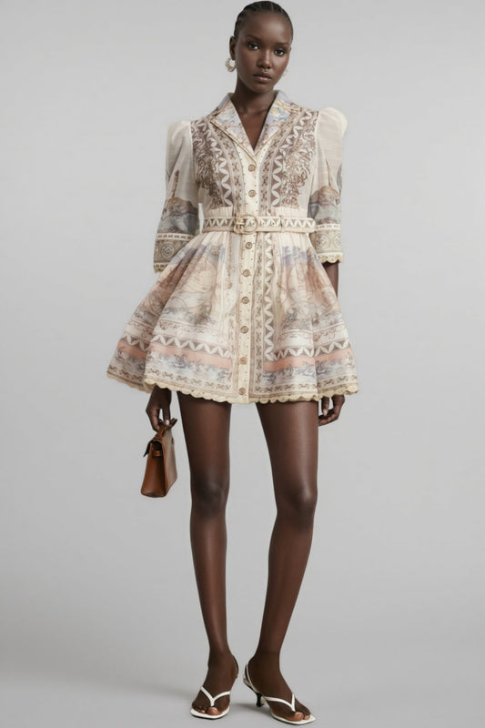 Wyetha Standing Neck Lantern Sleeve Mini Dress