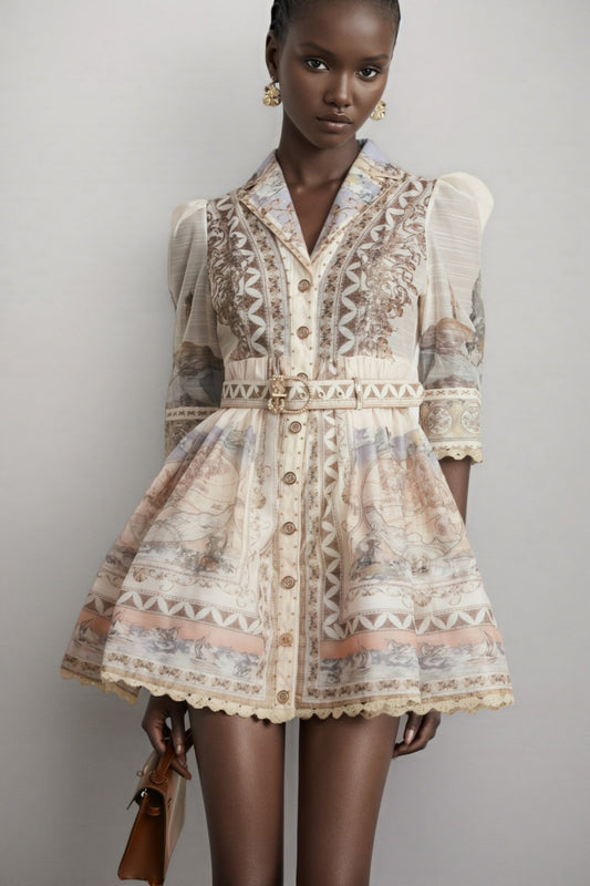 Wyetha Standing Neck Lantern Sleeve Mini Dress