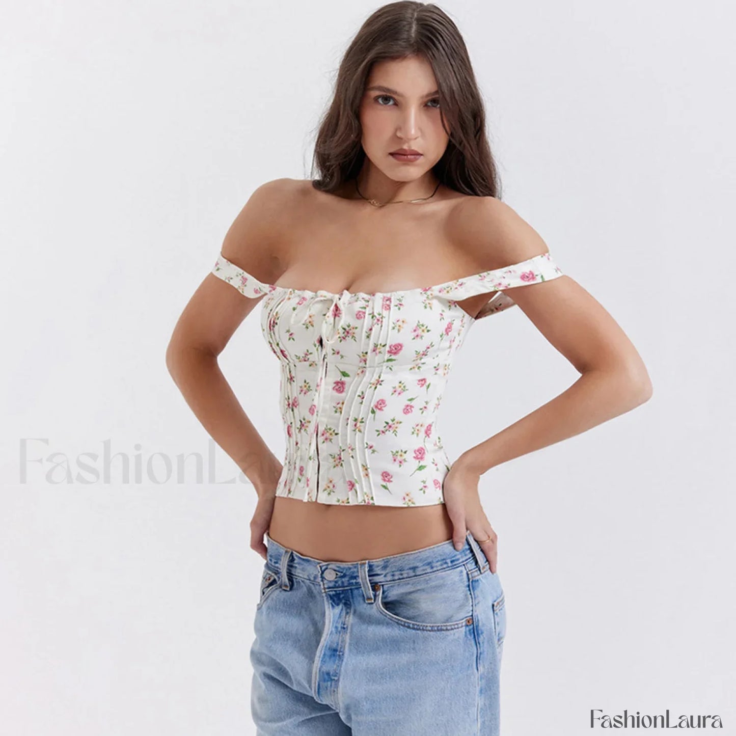 Fresh Tie Front Square Neck Frill Bustier Floral Printed Tank Top - Pink