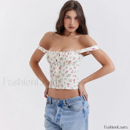 Fresh Tie Front Square Neck Frill Bustier Floral Printed Tank Top - Pink
