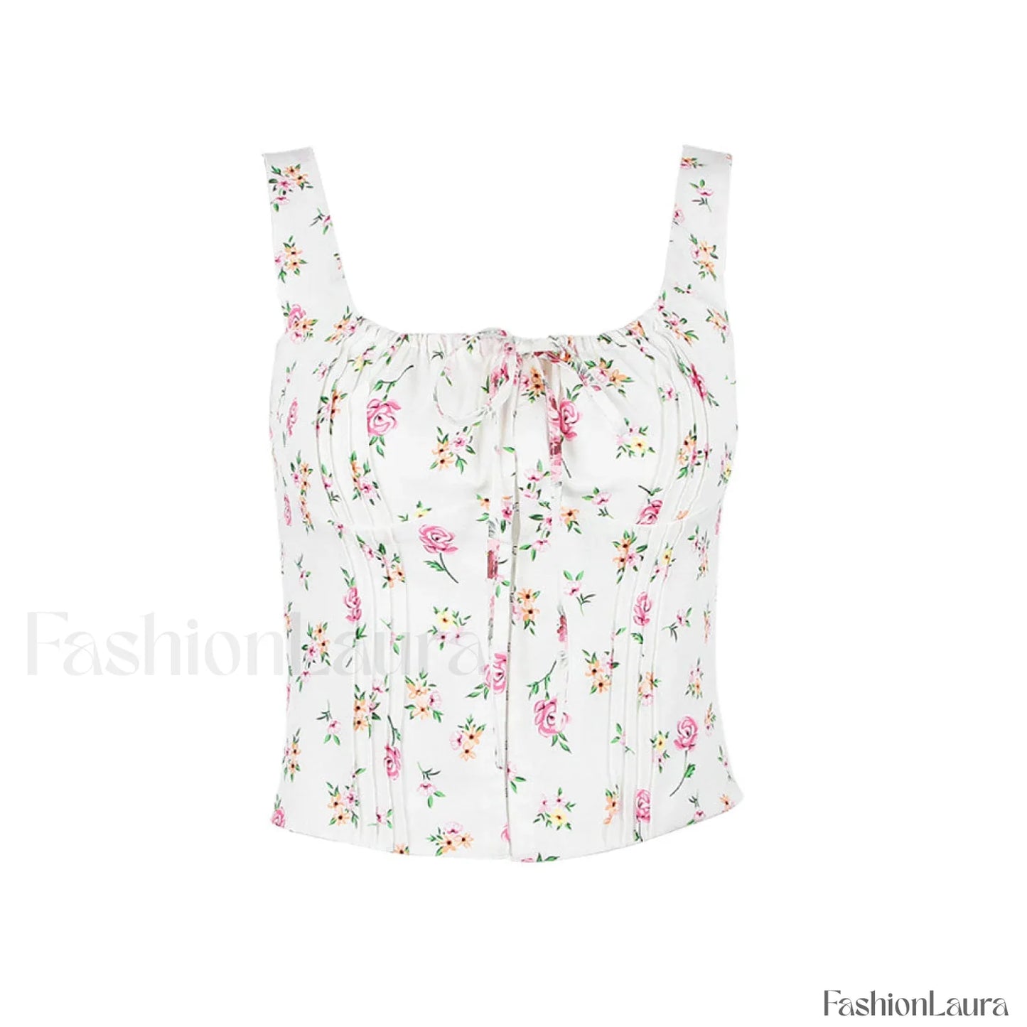 Fresh Tie Front Square Neck Frill Bustier Floral Printed Tank Top - Pink