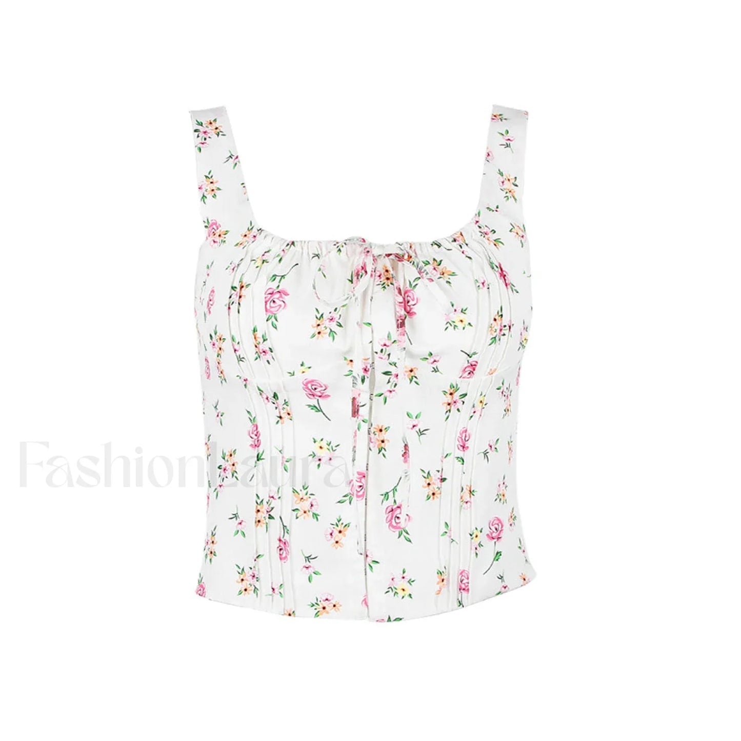 Fresh Tie Front Square Neck Frill Bustier Floral Printed Tank Top - Pink