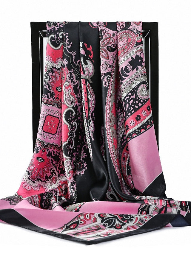Vintage Flowers Square Scarf For Women Shawls Neckerchief Female Print Headband On the Head Wraps Foulard Hijab Hair Bands 90*90cm for Women