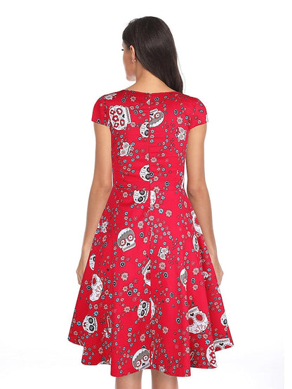 1950s Vintage Vintage Dress Midi Dress Going out Summer Dress Print Bull One Shoulder Short Sleeve Regular Fit Summer Spring  Red S M L XL for Women