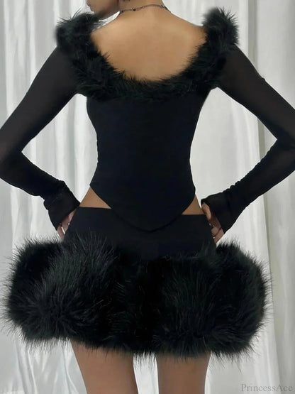 Furry Collar V-neck Knit Top