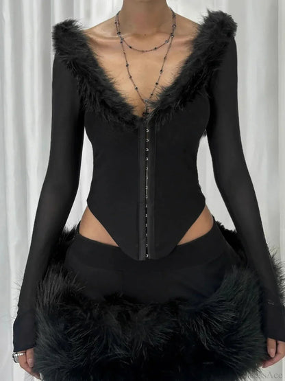 Furry Collar V-neck Knit Top