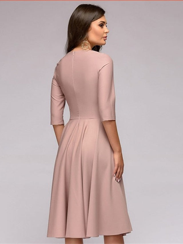 A Line Dress Knee Length Dress Dark Green Navy Blue Beige 3/4 Length Sleeve Pure Color Lace up Fall Spring Round Neck Stylish Elegant Casual Party Slim  S M L XL XXL for Women