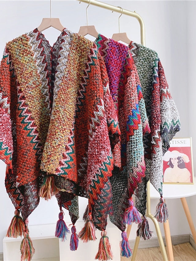 Women Autumn Winter New Colorful Thick Ponchos Knitted Ladies Cloak Warm Fashion Scarves & Wraps Holiday Travel Ethnic Covers for Women