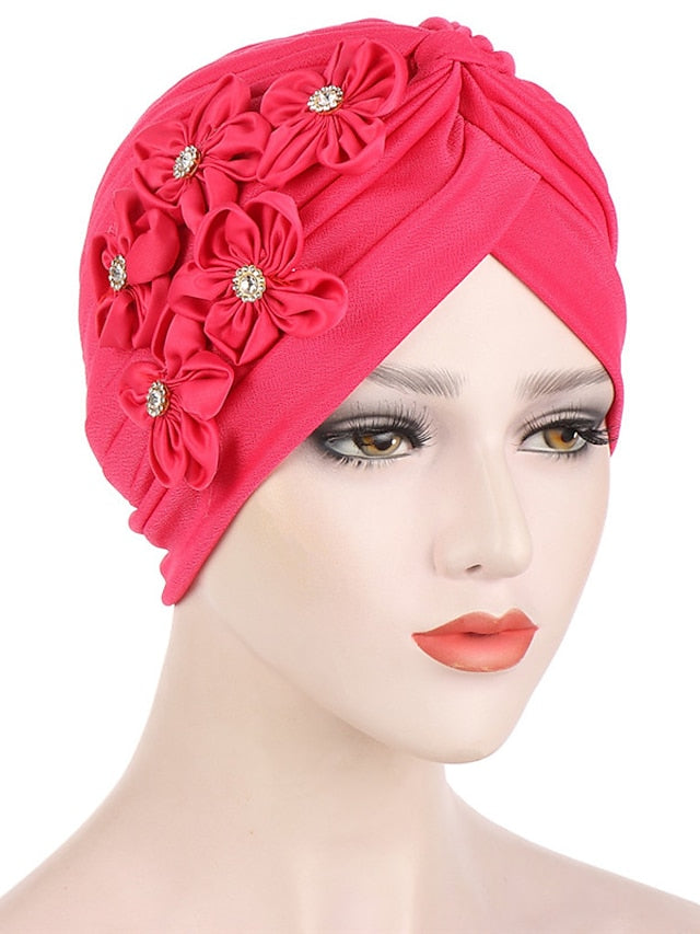 Elegant Women Five Flowers Turban Caps Muslim Elastic Crystal Party Headscarf Bonnet Ladies Hair Accessories Indian Cap for Women