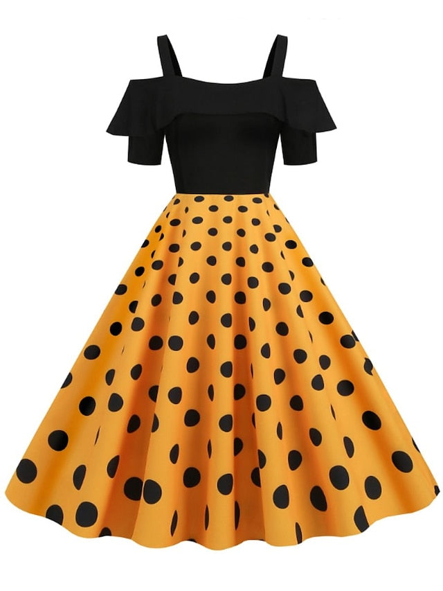 1950s Vintage Vintage Dress Midi Dress Holiday Date Ruched Print Polka Dot Spaghetti Strap Short Sleeve Regular Fit Summer Spring  Black Yellow S M L XL for Women