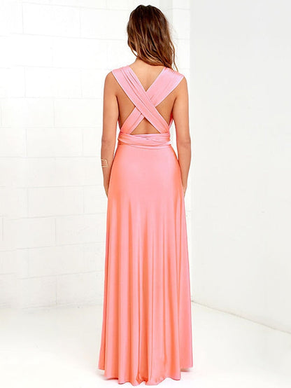 A-Line Bridesmaid Dress Halter / V Neck Sleeveless Convertible Floor Length Spandex with Sash / Ribbon / Pleats 2022