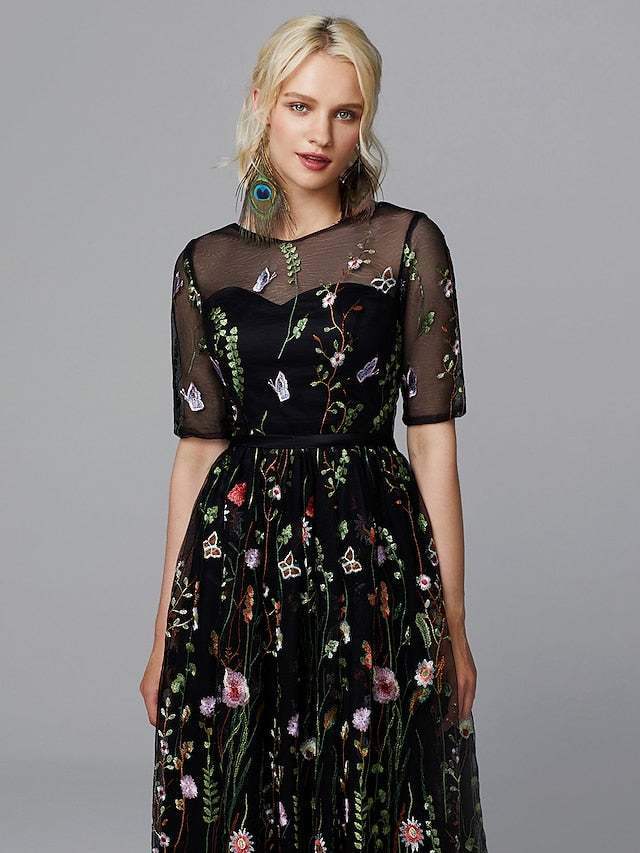 A-Line Floral Dress Holiday Tea Length Half Sleeve Illusion Neck Lace with Embroidery Appliques 2023