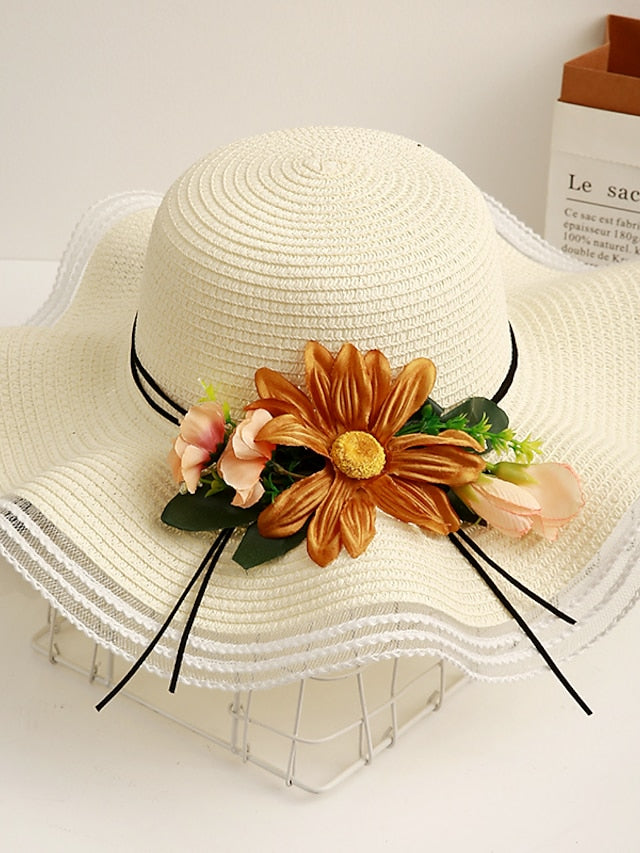 Sun Hat Straw Hat Daily Holiday Flower / Plants Straw Lace Vacation Beach Sunscreen 1 pcs for Women