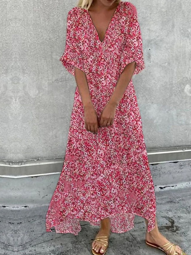 A Line Dress Maxi long Dress Pink Short Sleeve Floral Print Ruched Swing Dress Spring Summer Dress V Neck Romantic Vacation  S-3XL for Women