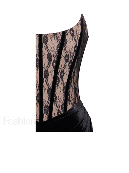 Gaia Black Lace Velvet Graceful Corset Side Slit Dress