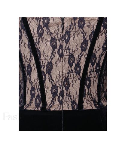 Gaia Black Lace Velvet Graceful Corset Side Slit Dress