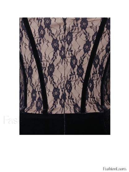 Gaia Black Lace Velvet Graceful Corset Side Slit Dress
