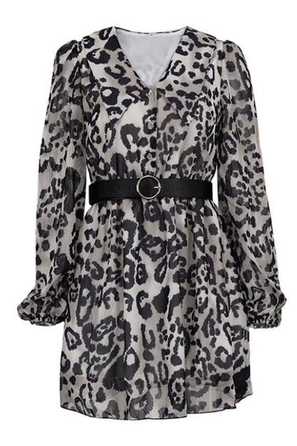 Vestido mini de gasa con cinturón y escote en V estampado Gail