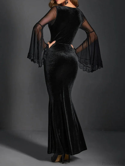 Gathered Net Flare Sleeve Full-Length Dress