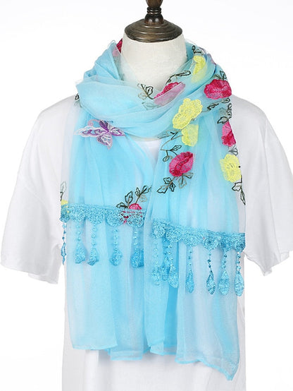Spring Summer Embroidery Solid Colors Thin Style Hijab Gauze Scarf Women Butterfly Tassel Scarves Daily Dress for Women